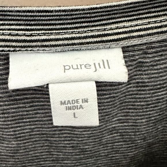 Pure Jill Top Womens Large Asymmetric Black Gray Stripe Tunic Cotton Pullover - Picture 2 of 8